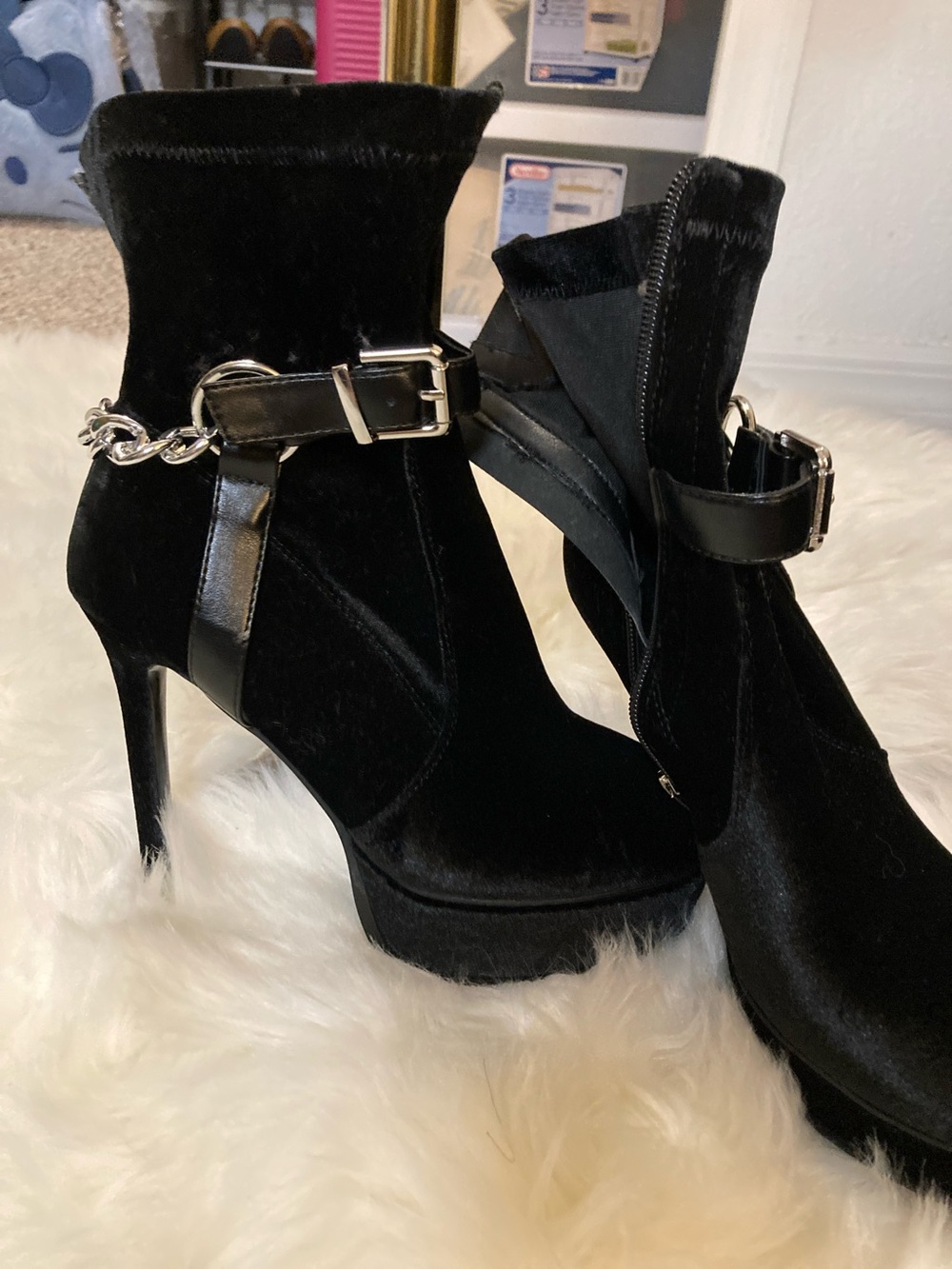 Black Velvet Stiletto Ankle Boots with Chain Strap